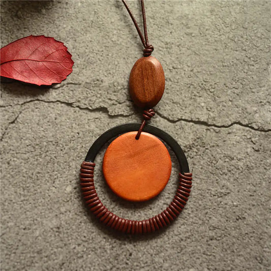 Minimalist Leather Cord Necklace with Wooden Pendant
