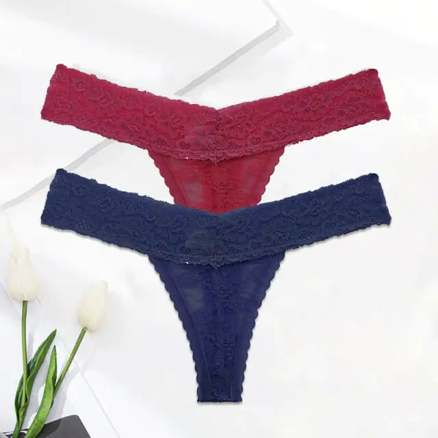 Ladies Solid Color Lace Thong Panties