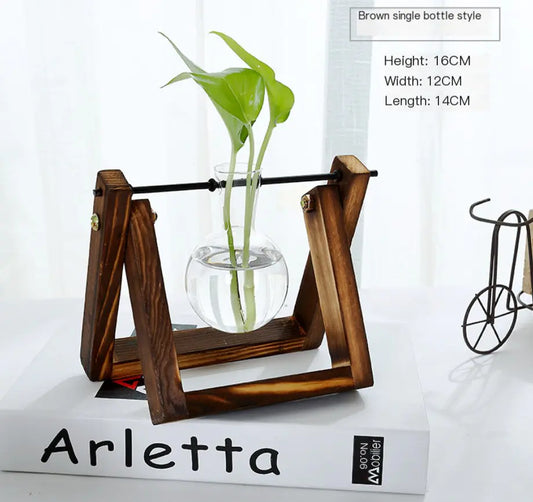 Wood and Glass Hydroponic Vase for Home Decor