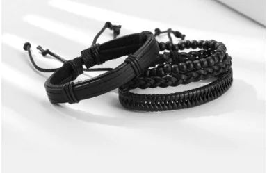 Black Leather Bracelets with Wooden Beads