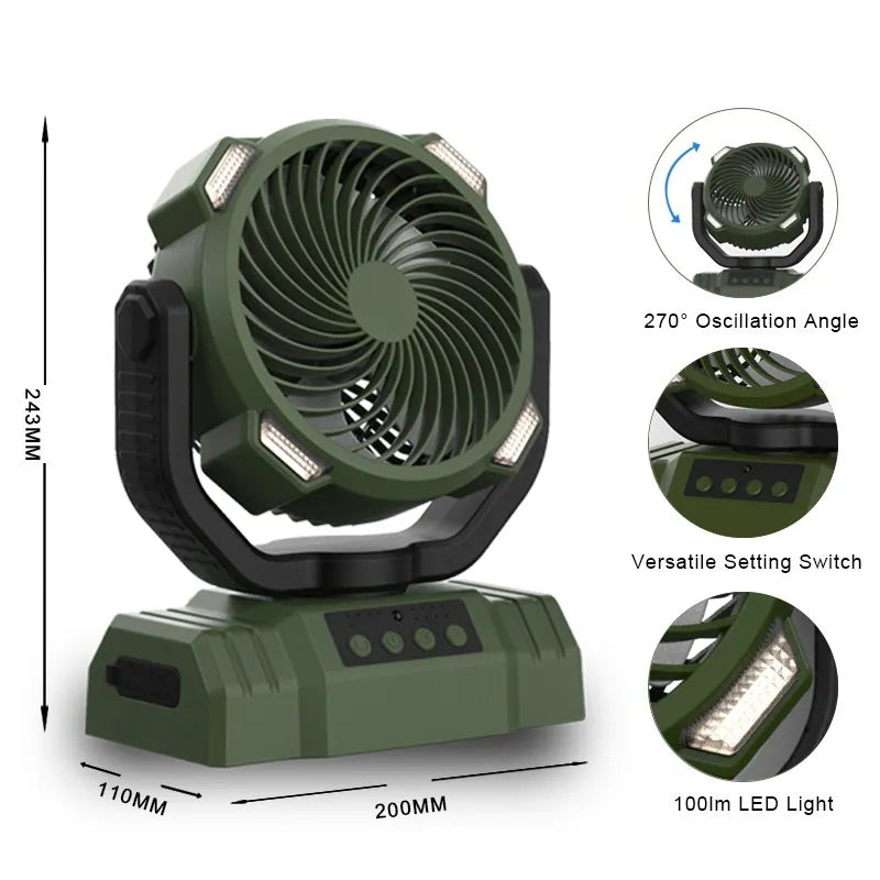 Ventilateur de camping extérieur avec batterie externe et lumière LED