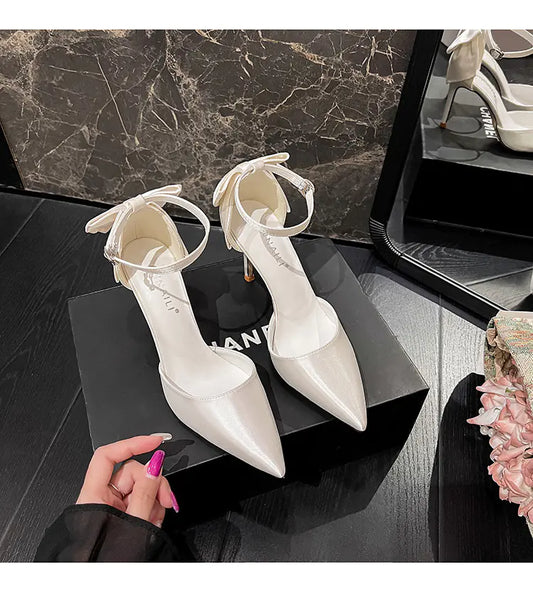 Women's Satin White Wedding Heels with Bow
