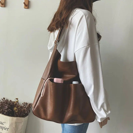 여성용 대용량 부드러운 가죽 빈티지 버킷백