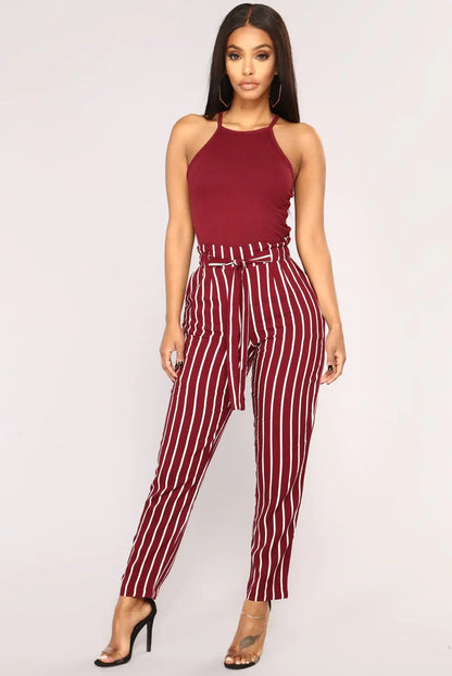 Black Striped Mid-Waist Pants with Bow for Women