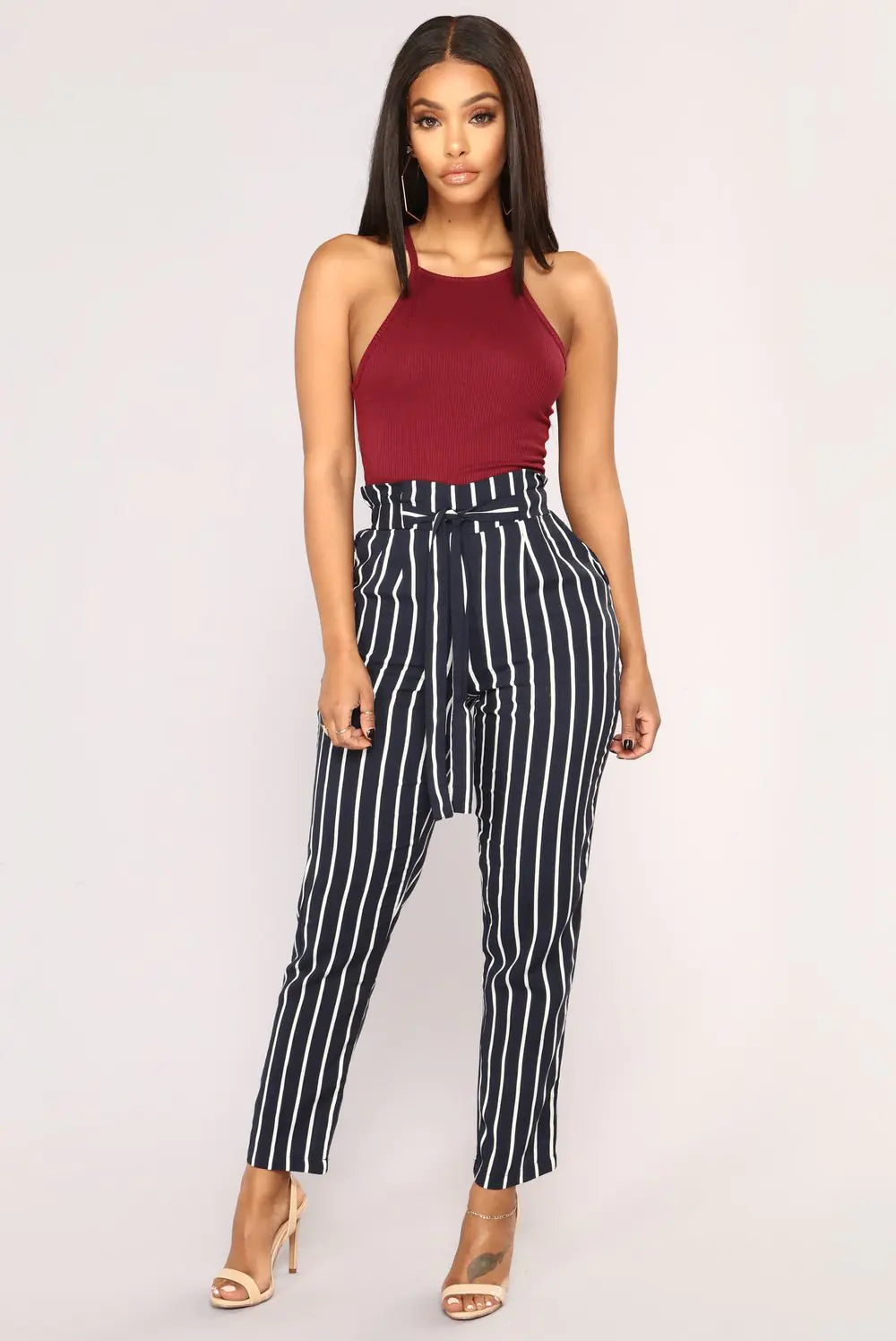 Black Striped Mid-Waist Pants with Bow for Women