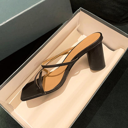 Thick Heel Cross Strap Half Slippers