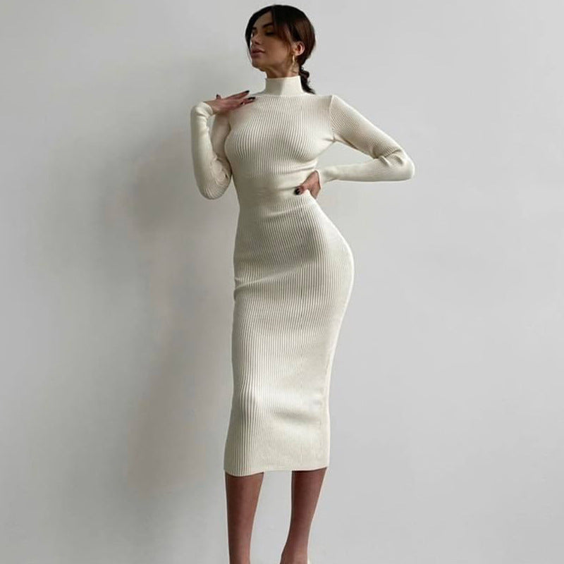 High Collar Long Pit-Striped Knitted Skirt