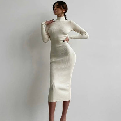 High Collar Long Pit-Striped Knitted Skirt