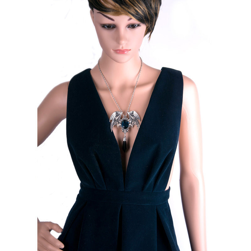 Gothic Necklace with Victorian Bat Wings and Gemstone