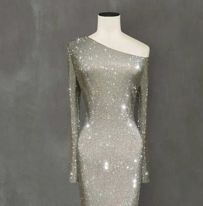 Asymmetrical Glitter Evening Dress