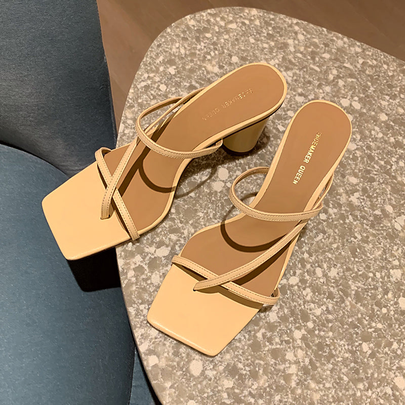 Thick Heel Cross Strap Half Slippers