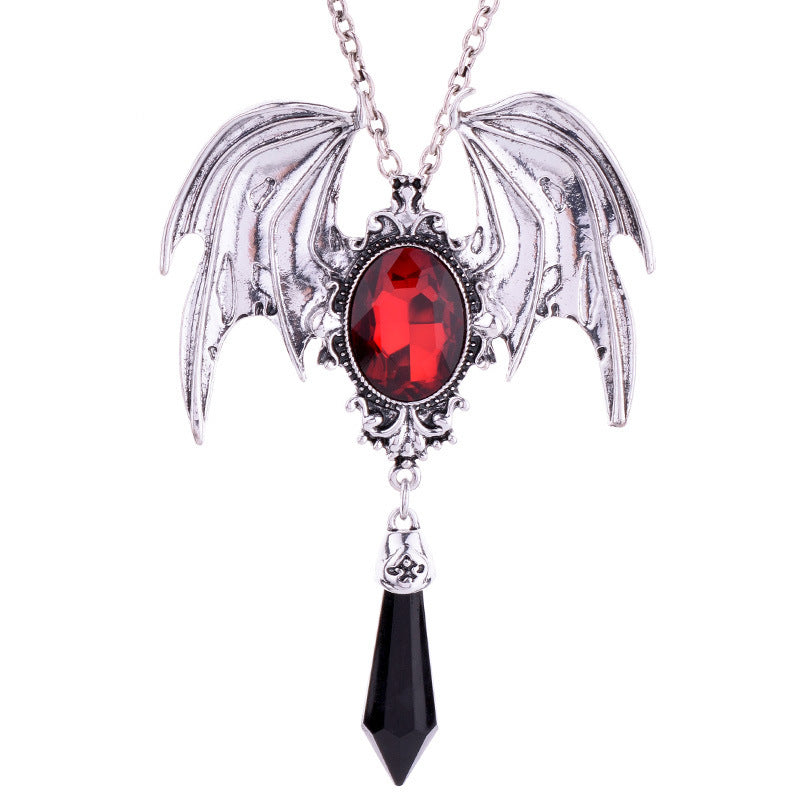 Gothic Necklace with Victorian Bat Wings and Gemstone