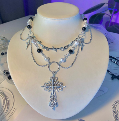 Women's Multi-layer Imitation Pearl Cross Necklace