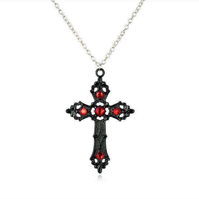 Large Baroque Silver Cross Necklace with Crystals