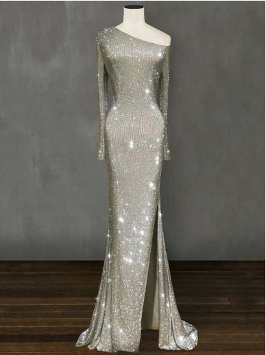 Asymmetrical Glitter Evening Dress