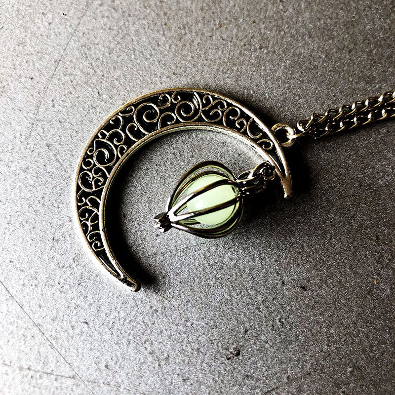 Halloween Hollow Moon Necklace with Heart Birdcage Pendant