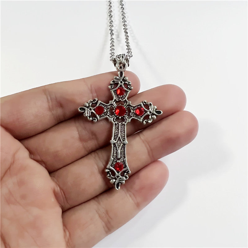 Large Baroque Silver Cross Necklace with Crystals