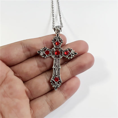 Large Baroque Silver Cross Necklace with Crystals