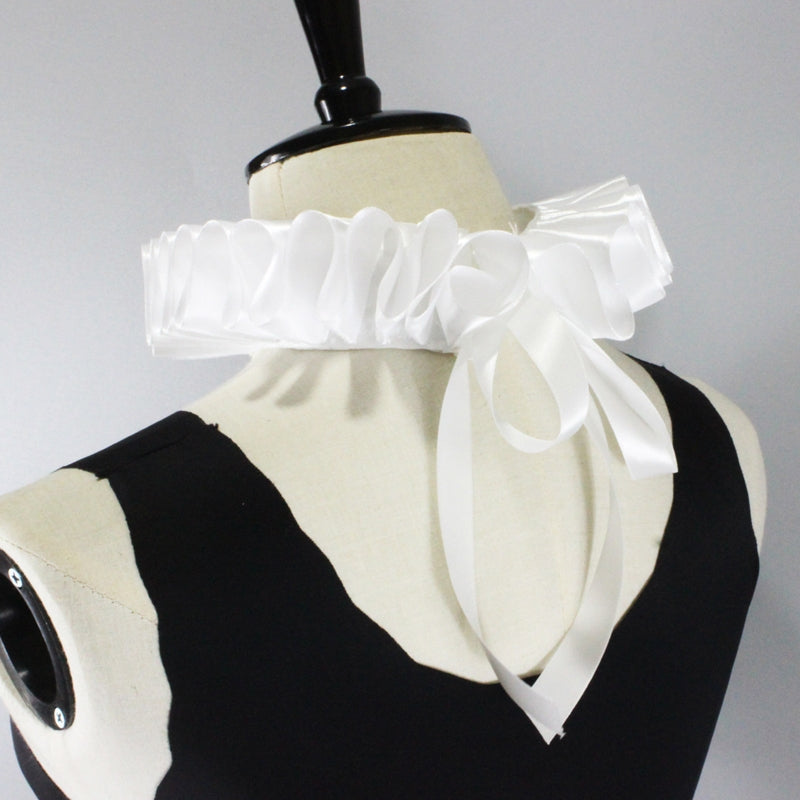 Victorian Ribbon Bow Ruffled White Satin Collar Choker