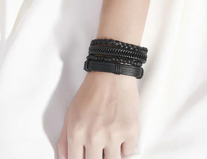 Black Leather Bracelets with Wooden Beads