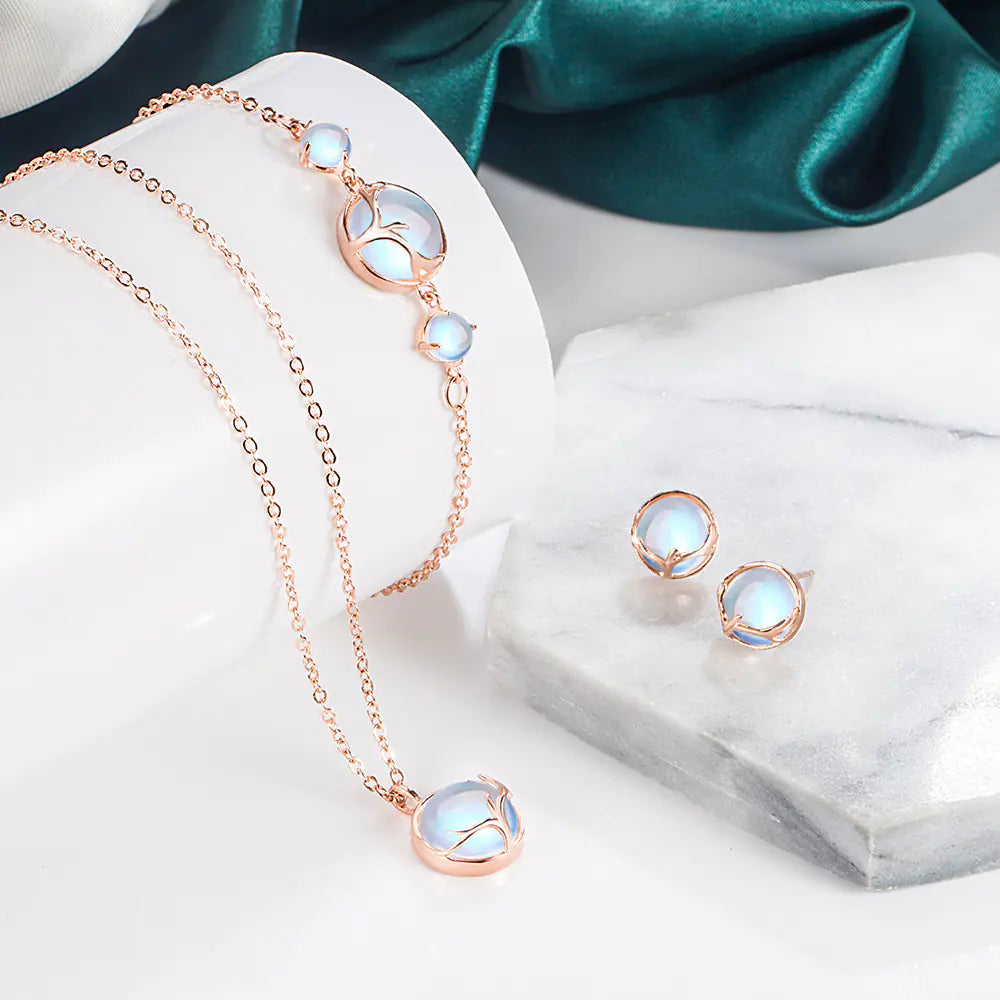 Deer Charm Necklace and Moonstone Jewelry Set