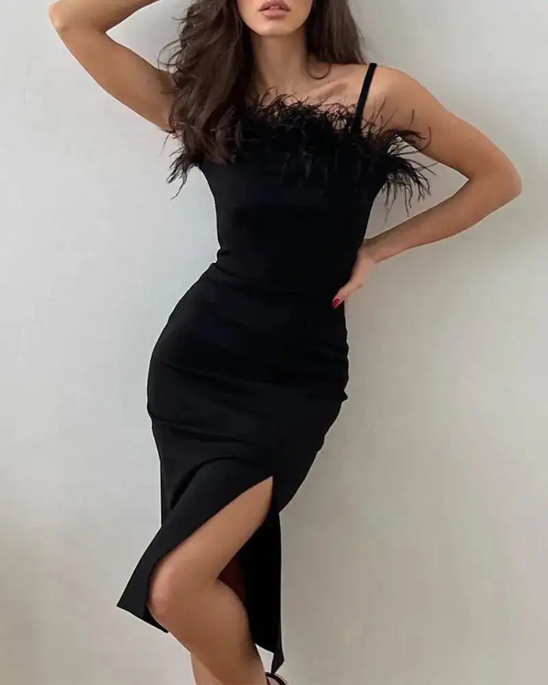 Feather Trim High Slit Dress