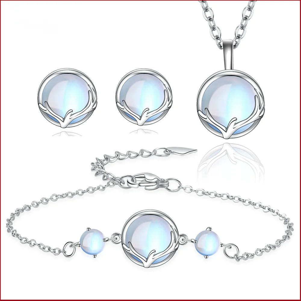 Deer Charm Necklace and Moonstone Jewelry Set