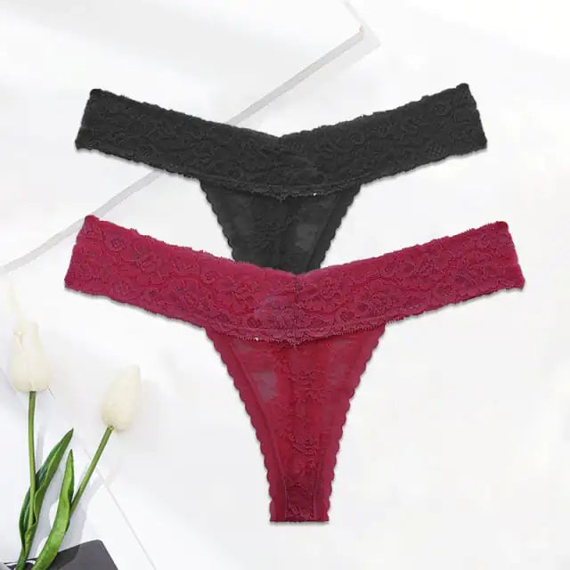 Ladies Solid Color Lace Thong Panties