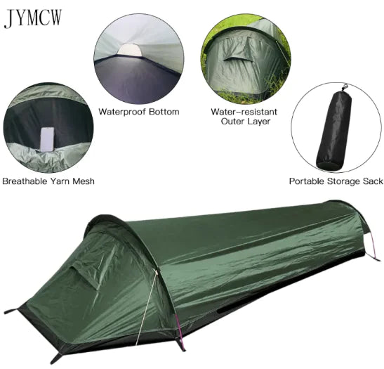 Tente d'alpinisme légère une place avec sac de couchage, vert armée
