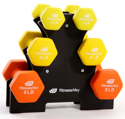 Haltères en néoprène Fitness Alley avec support en A - Poids libres hexagonaux - Kit d'exercice pour la salle de sport, 3 paires (1,4 kg, 2,3 kg, 3,6 kg) avec support en plastique à 3 niveaux