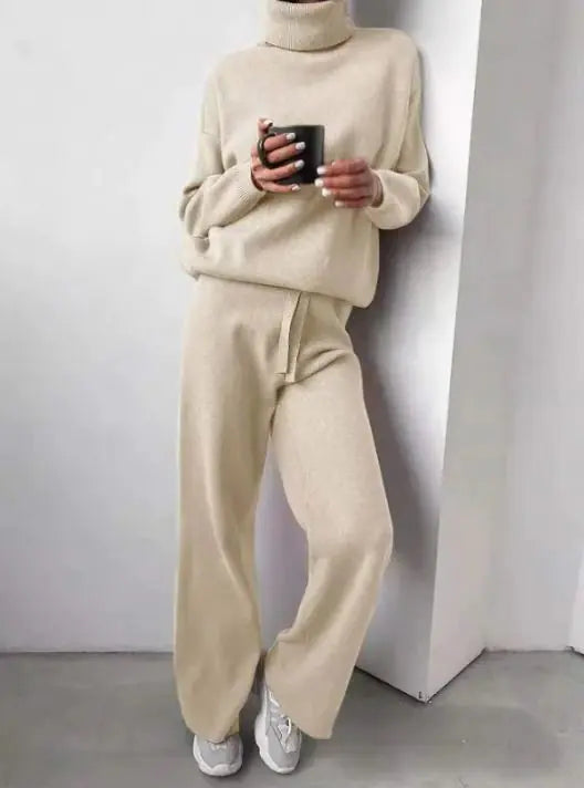 Pull col roulé et pantalon droit à cordon de serrage pour femme