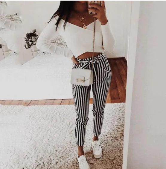 Black Striped Mid-Waist Pants with Bow for Women