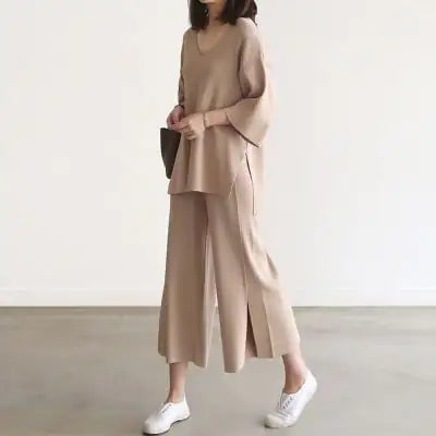 V-neck Blouse and Wide-leg Pants Fashion Set