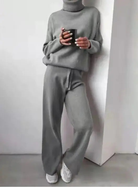 Pull col roulé et pantalon droit à cordon de serrage pour femme