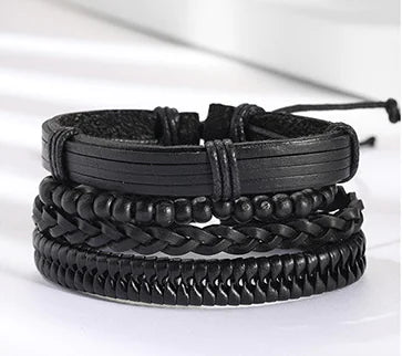 Black Leather Bracelets with Wooden Beads