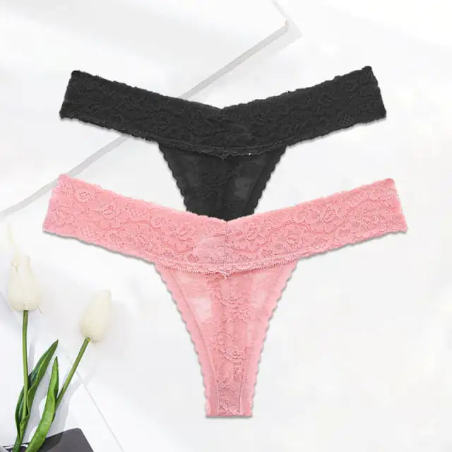 Ladies Solid Color Lace Thong Panties