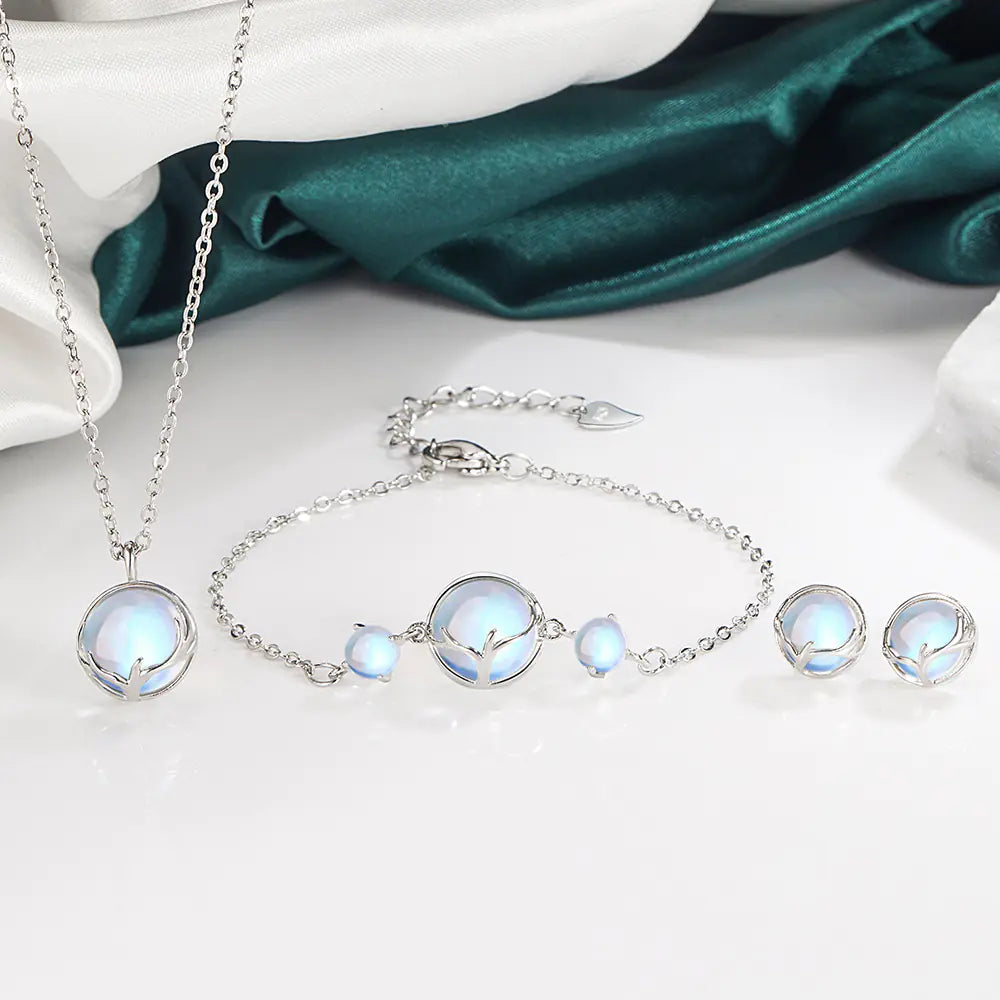 Deer Charm Necklace and Moonstone Jewelry Set